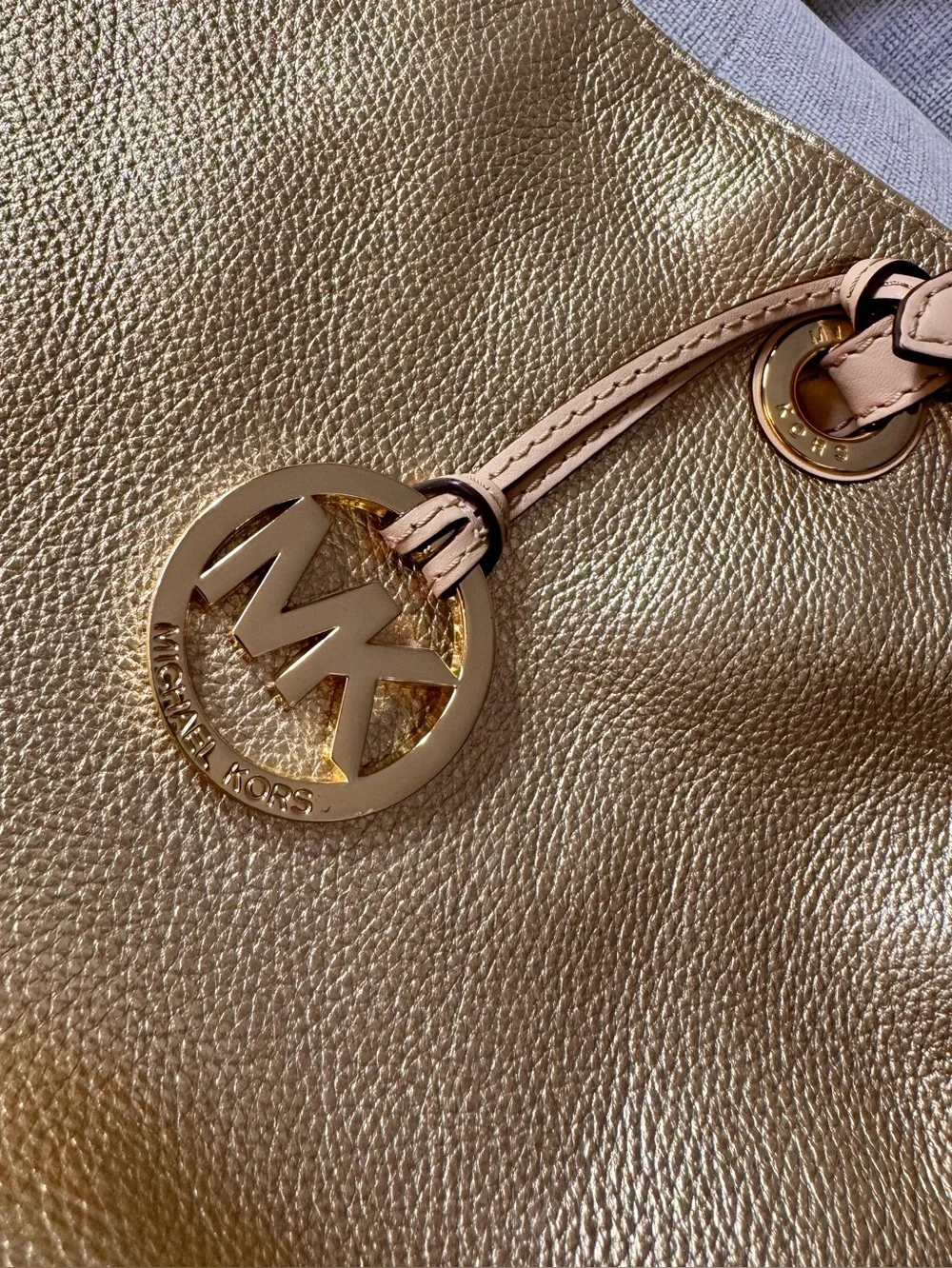 Michael Kors Gold Pebbled Leather Tote with Gold MK Charm - Picture 11 of 16